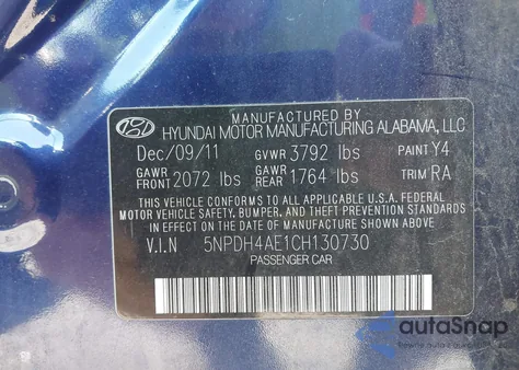 2012 Hyundai Elantra Gls from USA, damaged, VIN 5NPDH4AE1CH130730